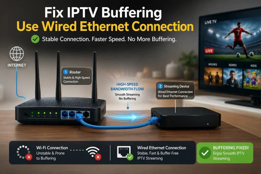 diagram showing how to fix IPTV buffering by connecting via wired ethernet to router