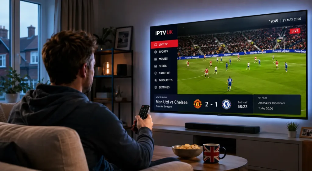 Man watching iptv sports UK stream on large smart TV in modern living room