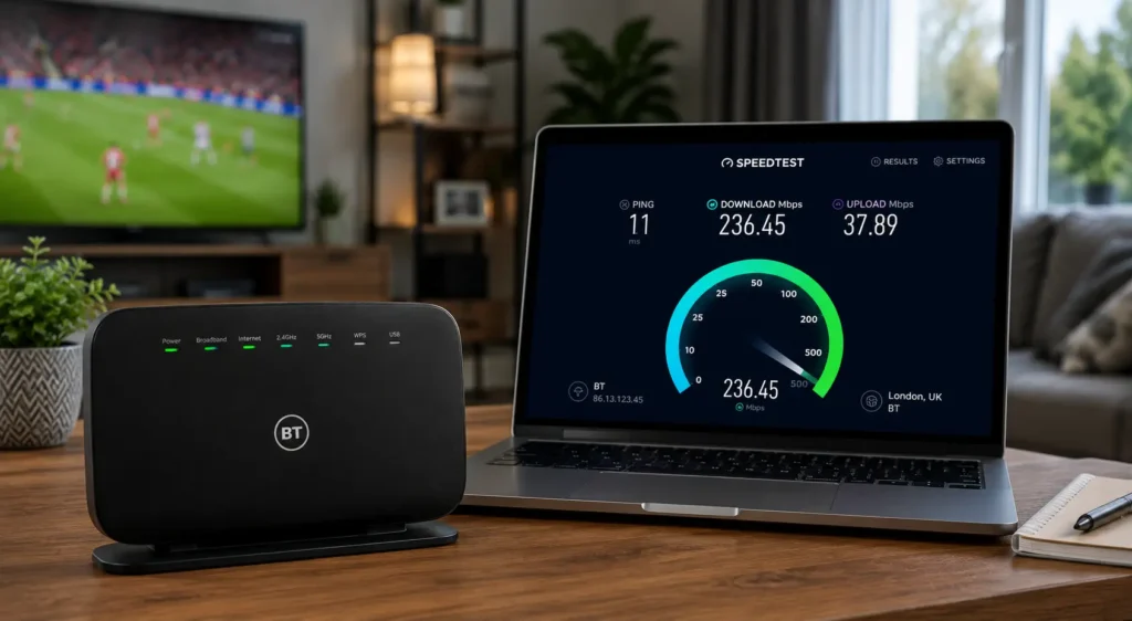 Broadband router with speed test displayed on laptop screen