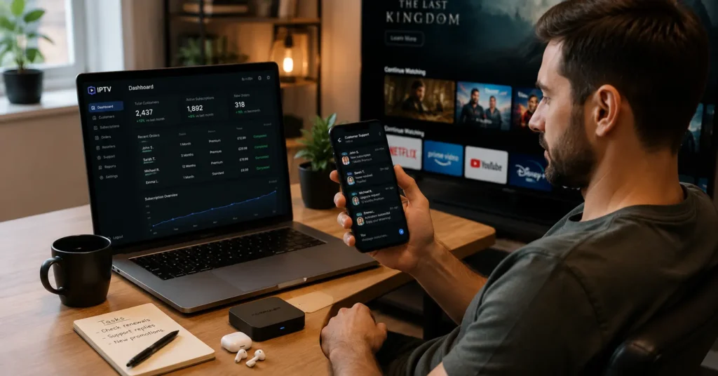 person using smartphone to manage streaming subscriptions for customers