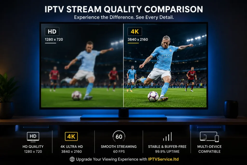 IPTV stream quality comparison showing HD and 4K resolution on screen