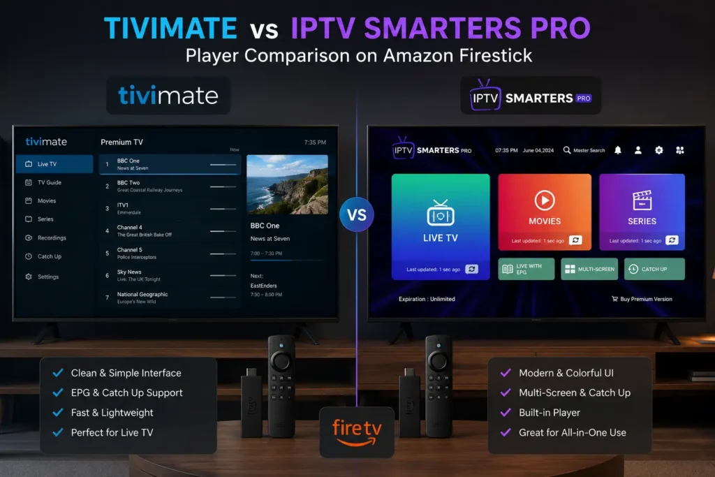 TiviMate vs IPTV Smarters Pro player comparison on Amazon Firestick