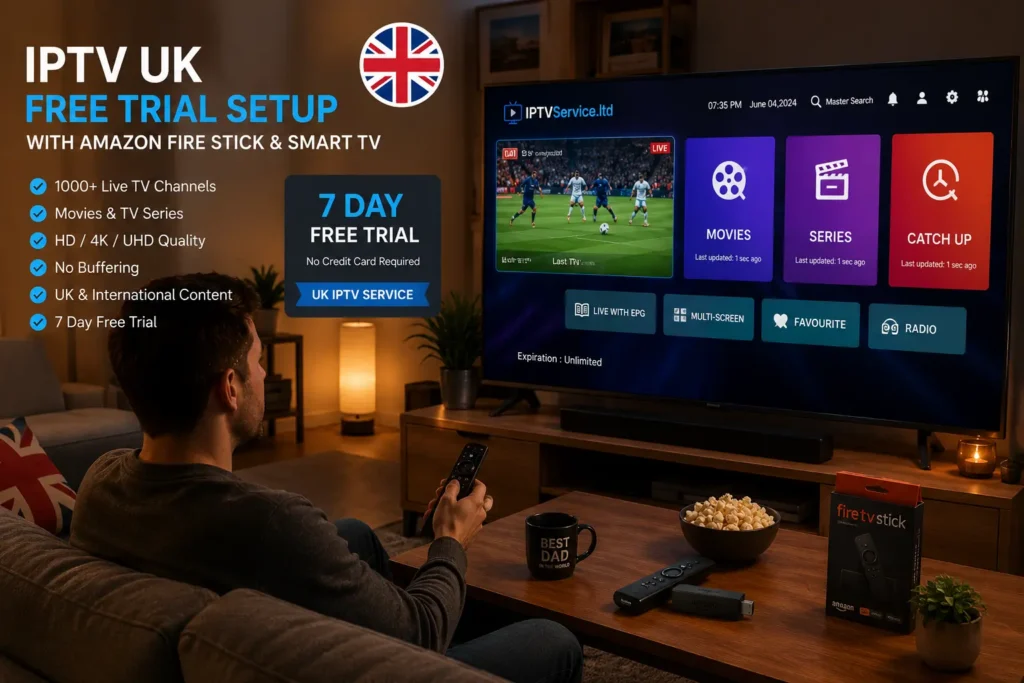 iptv uk free trial setup with Amazon Fire Stick and Smart TV in a UK living room