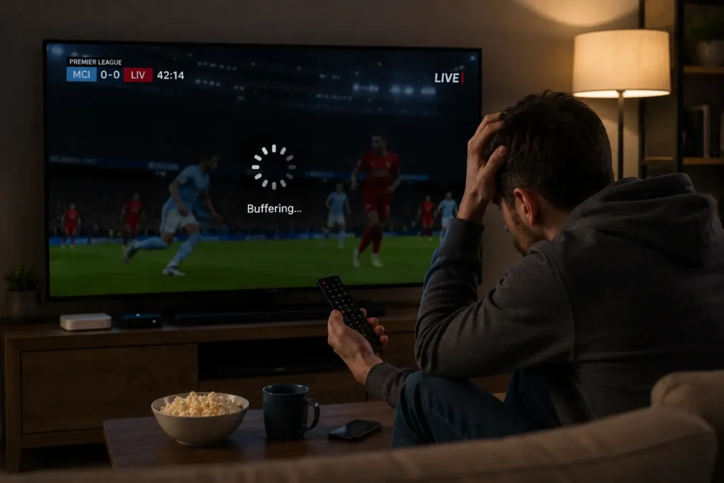 Frustrated viewer experiencing buffering on a low-cost streaming service