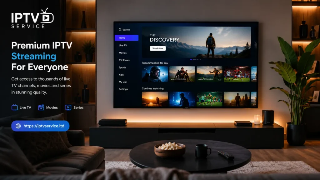 IPTV on Smart TV displaying a live channel guide interface on a modern flatscreen television