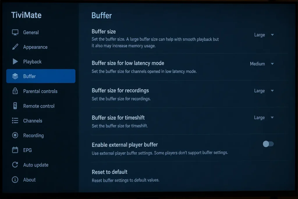 Android TV buffer settings screen inside the TiviMate app