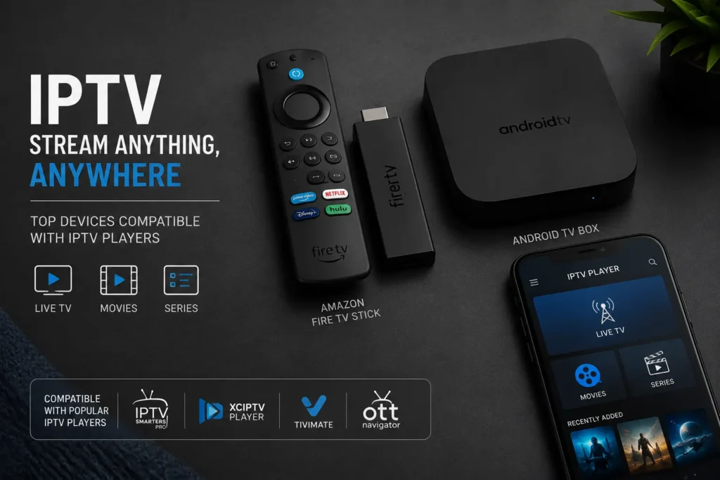 devices compatible with IPTV players including Fire TV Stick and Android TV box