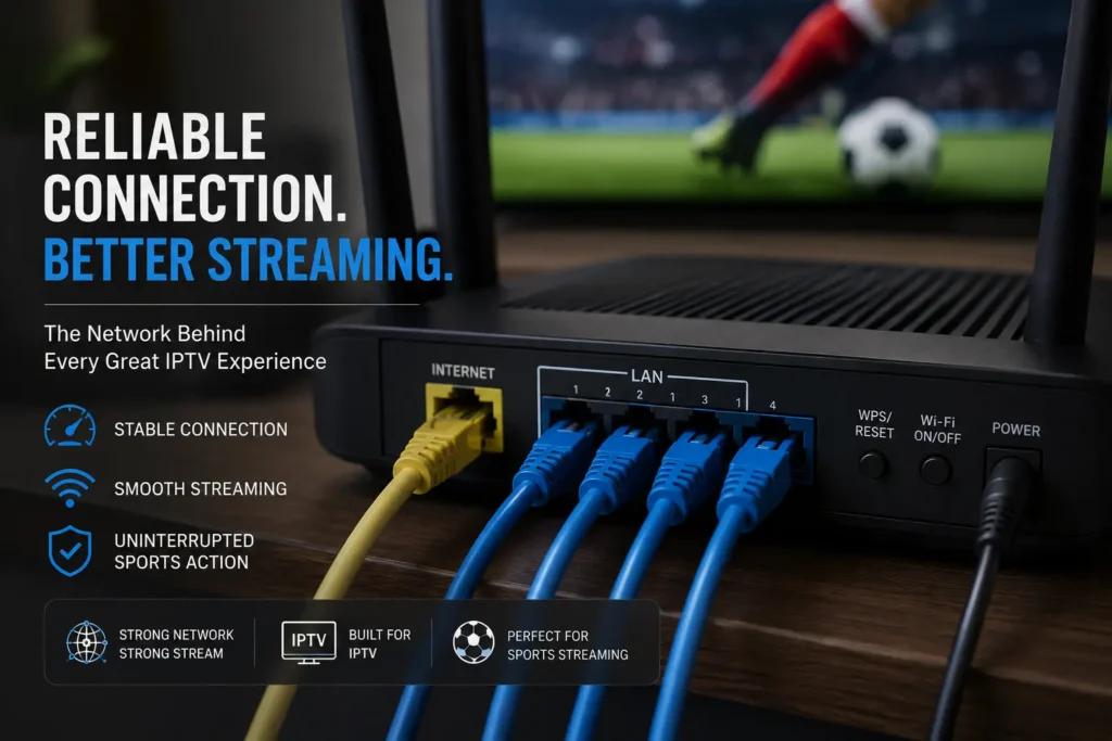 home router and Ethernet cables for stable IPTV sports streaming connection