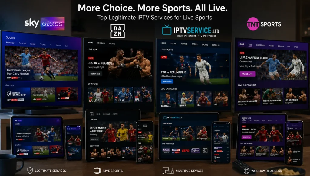 Comparison screen showing multiple IPTV provider interfaces for sports channels
