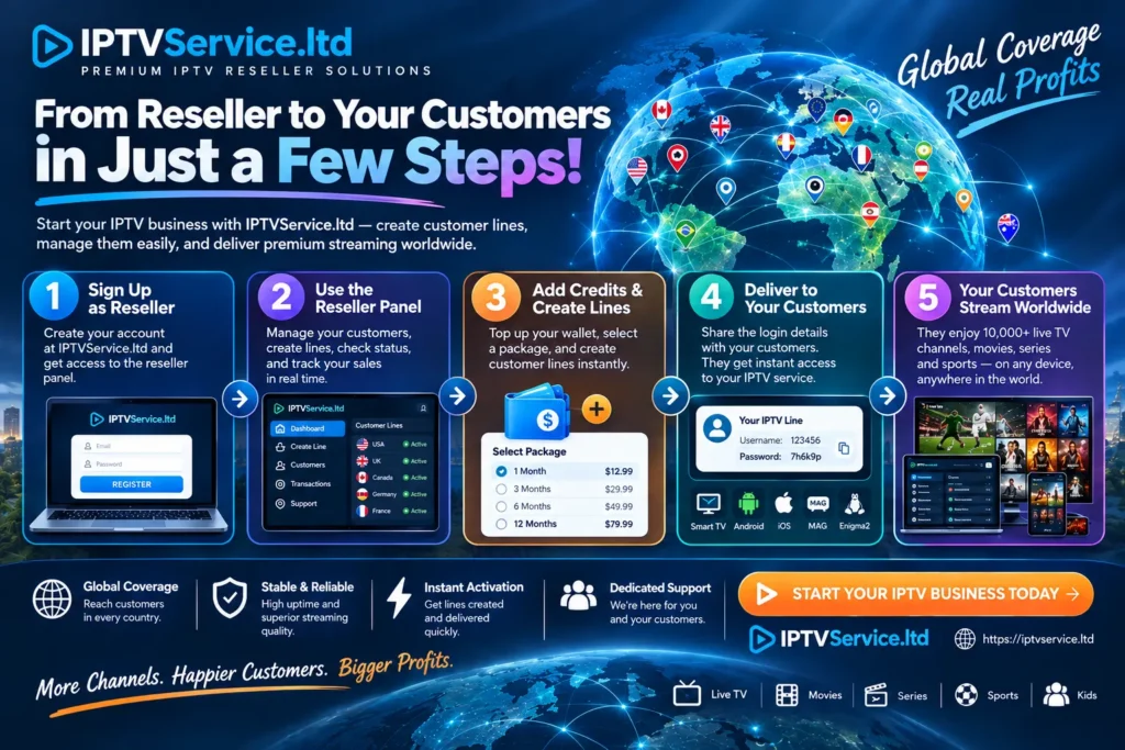 Workflow diagram showing how an iptv reseller creates and delivers customer lines