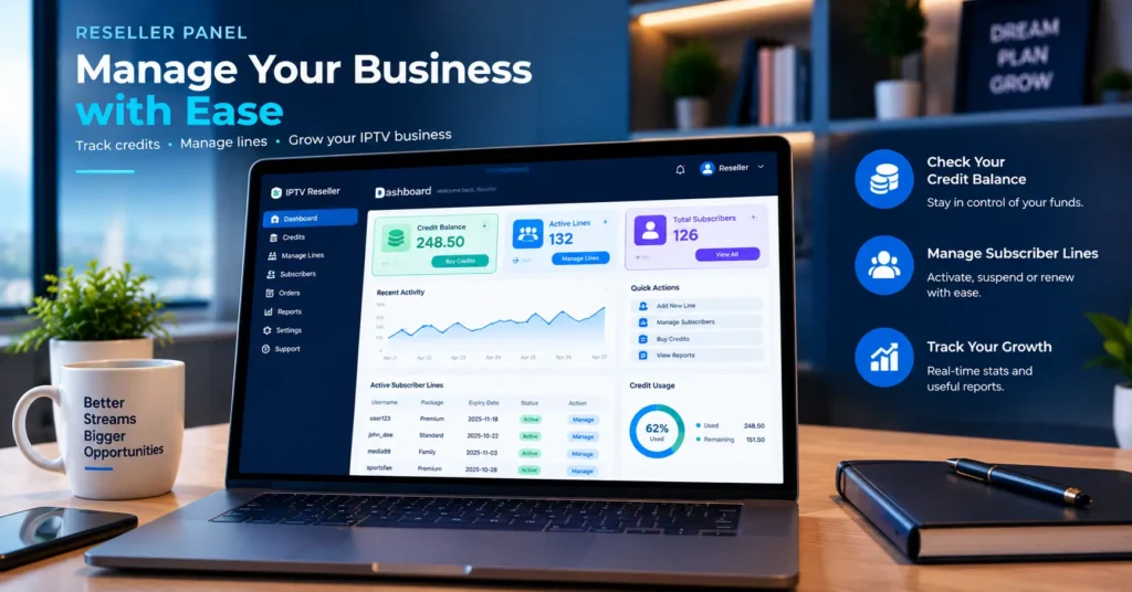 Reseller panel dashboard displaying iptv credits balance and active subscriber lines