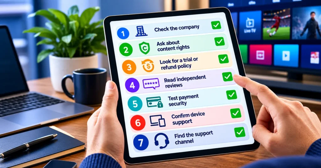 Tablet showing a seven-step checklist for vetting an IPTV reseller or provider before payment