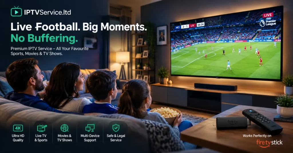 Family watching live football on a smart TV through a licensed premium IPTV service on a Firestick